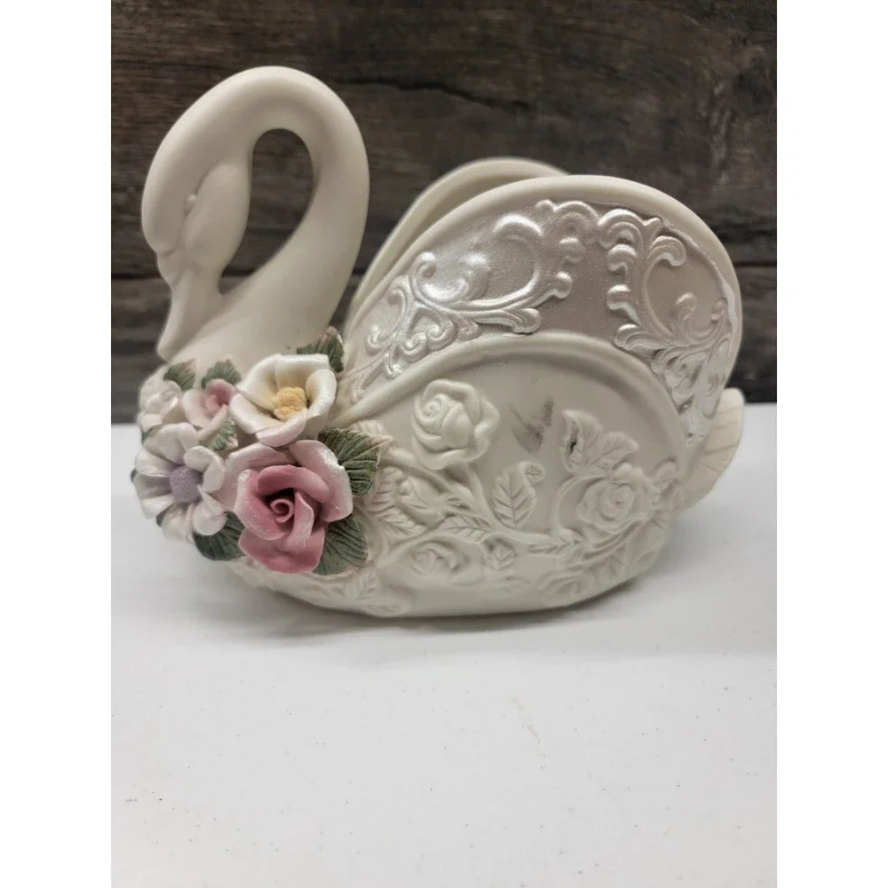 Vintage Floral & Silver Swan Ceramic Vase Planter Trinket Dish
